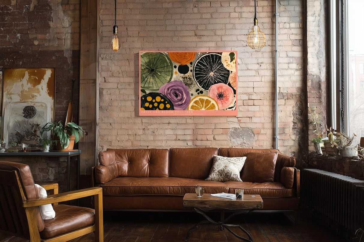 Paul Sinus Wandbild 120x80cm Fruit and Bloom Together Abstrakte Fruechte und Blumen Illustration Bunte Kunst fuer Wohnzimmer Kueche und Esszimmer