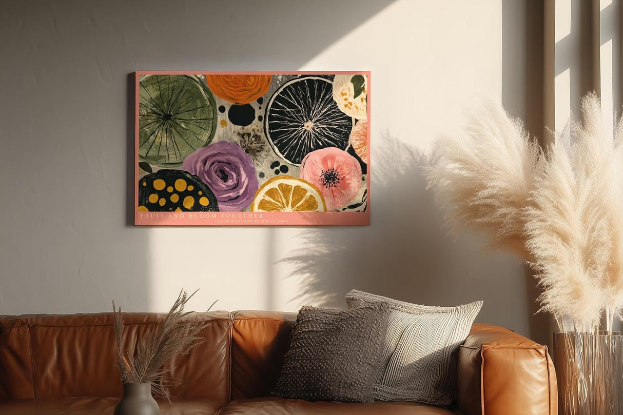 Paul Sinus Wandbild 120x80cm Fruit and Bloom Together Abstrakte Fruechte und Blumen Illustration Bunte Kunst fuer Wohnzimmer Kueche und Esszimmer