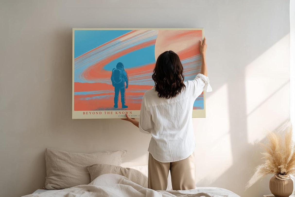 Paul Sinus Wandbild 120x80cm futurale Weltraum Landschaft Astronaut Planet Ringe moderne SciFi Kunst orange blau Kunstdruck