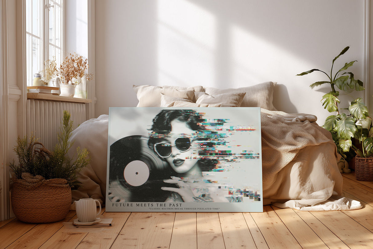 Paul Sinus Wandbild Future Meets the Past – modernes Retro-Motiv mit Schallplatte und digitalem Glitch-Effekt symbolisiert die Verbindung von Nostalgie und Technologie