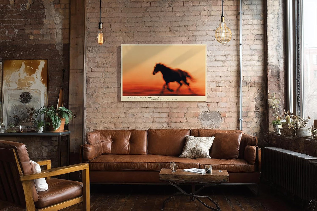 Paul Sinus Wandbild 120x80cm galoppierendes Pferd Silhouette im Sonnenuntergang dynamische Tier Fotokunst in warmen Orangetönen modernes Pferdebild für Wohnzimmer Büro