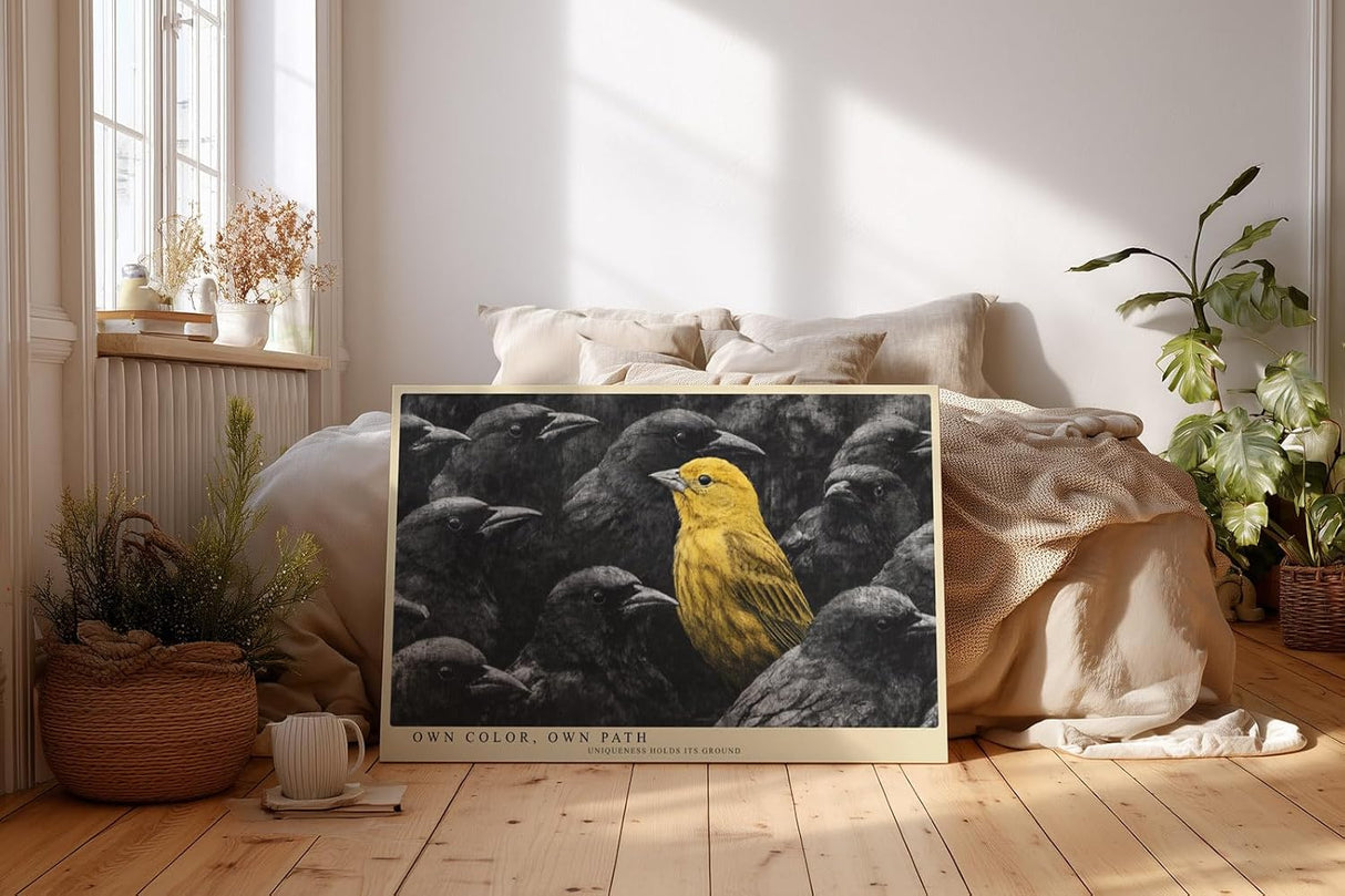 Paul Sinus Wandbild 120x80cm gelber Vogel in dunkler Gruppe moderne Tierkunst Kontrast Kunstdruck grosses Kunstbild inspirierende Wanddekoration fuer Wohnzimmer Büro