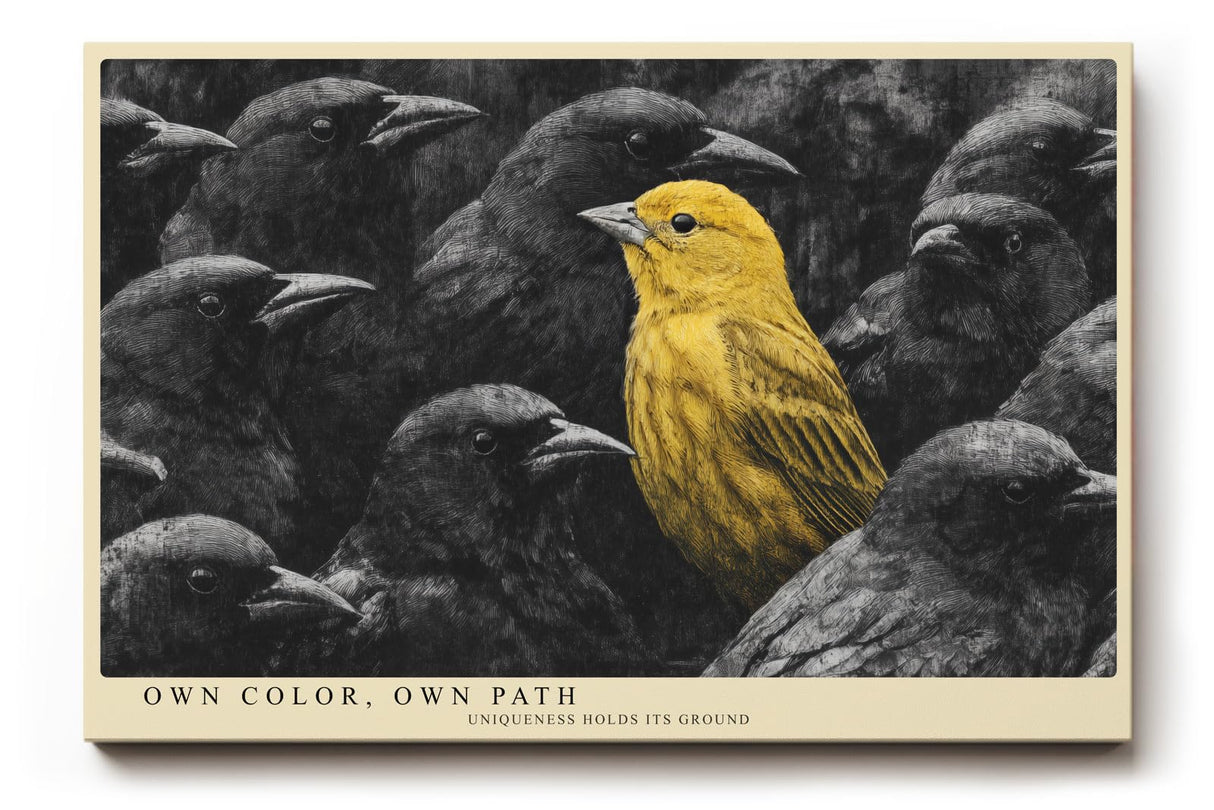 Paul Sinus Wandbild 120x80cm gelber Vogel in dunkler Gruppe moderne Tierkunst Kontrast Kunstdruck grosses Kunstbild inspirierende Wanddekoration fuer Wohnzimmer Büro