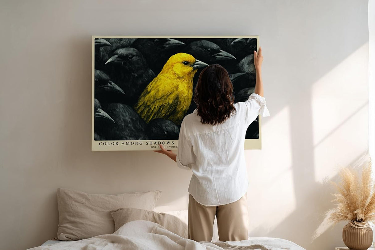 Paul Sinus Wandbild 120x80cm gelber Vogel Kontrast schwarz Tierkunst modern Kunstdruck grosses Kunstbild ausdrucksstarke Wanddekoration fuer Wohnzimmer Büro Flur