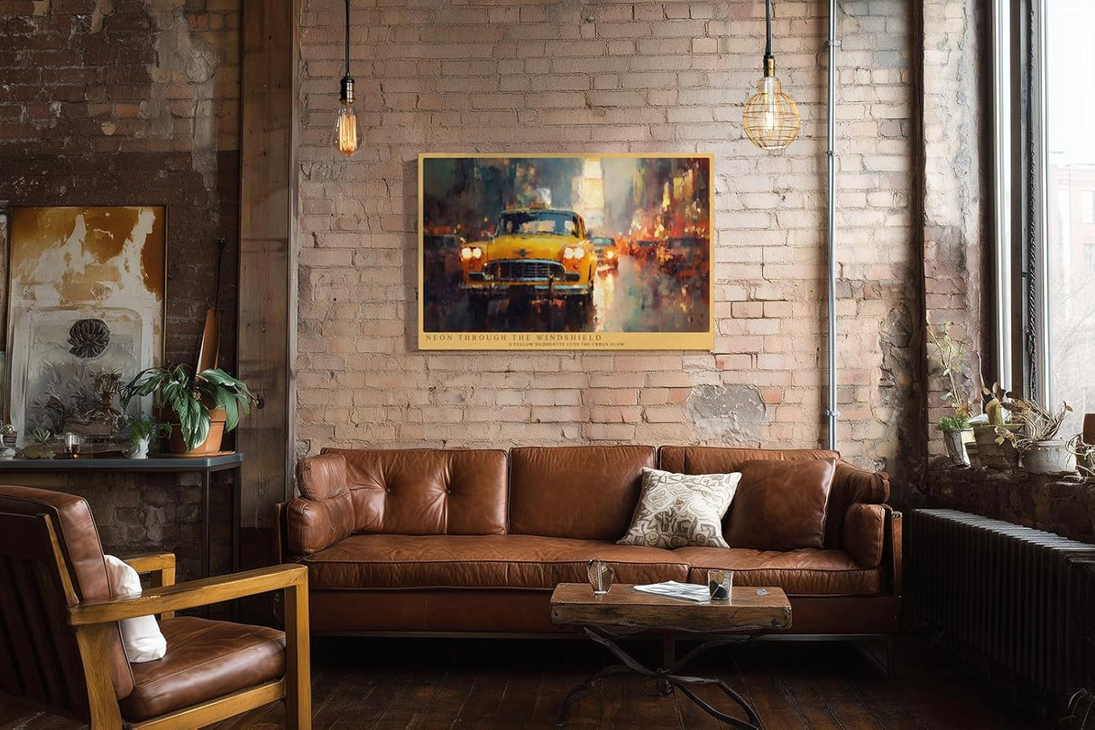 Paul Sinus Wandbild 120x80cm Gelbes Taxi im Regen Grossstadt Nachtstimmung modernes City Kunstbild fuer Wohnzimmer Büro und Loft