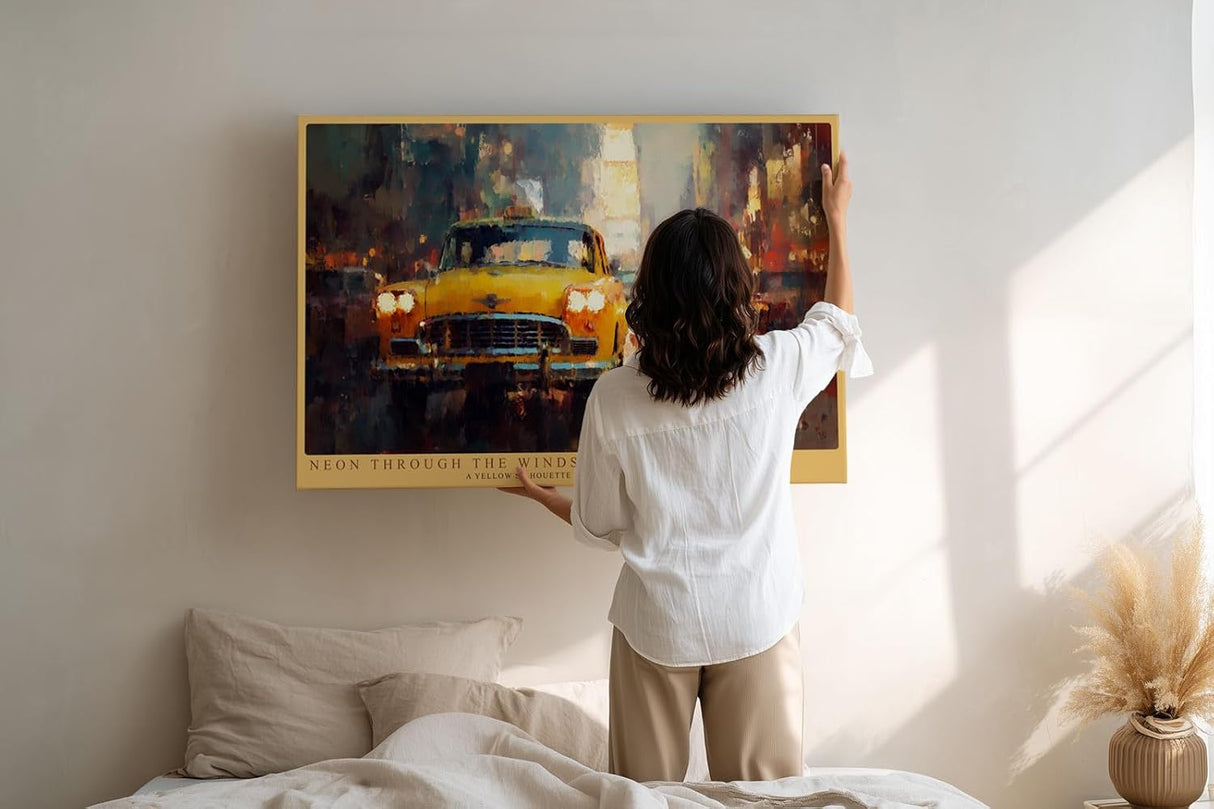 Paul Sinus Wandbild 120x80cm Gelbes Taxi im Regen Grossstadt Nachtstimmung modernes City Kunstbild fuer Wohnzimmer Büro und Loft