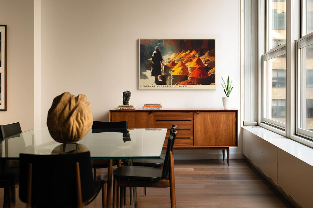 Paul Sinus Wandbild 120x80cm Gewuerzmarkt Marrakesch Morgenlicht orientalisches Markt Motiv Kunstdruck fuer Wohnzimmer Kueche und Essbereich