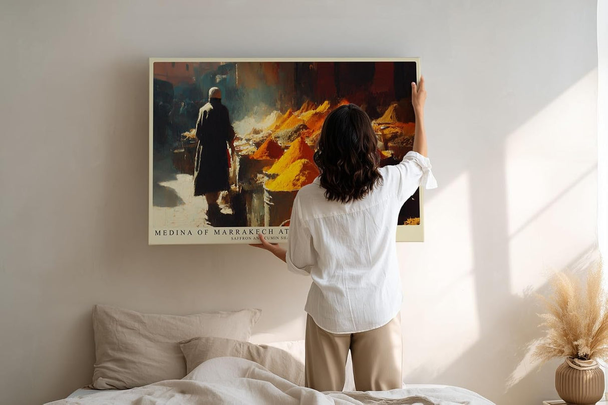 Paul Sinus Wandbild 120x80cm Gewuerzmarkt Marrakesch Morgenlicht orientalisches Markt Motiv Kunstdruck fuer Wohnzimmer Kueche und Essbereich