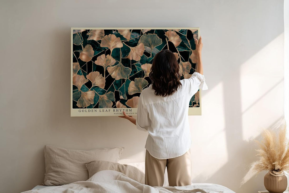 Paul Sinus Wandbild 120x80cm Ginkgo Blaetter gold gruen botanische Naturkunst elegantes Blattmuster moderne Wanddekoration fuer Wohnzimmer Büro