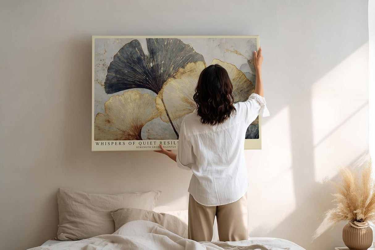 Paul Sinus Wandbild 120x80cm Ginkgo Blaetter modern gold blau botanische Kunst Leinwand Wanddekoration elegante Naturillustration fuer Wohnzimmer Büro