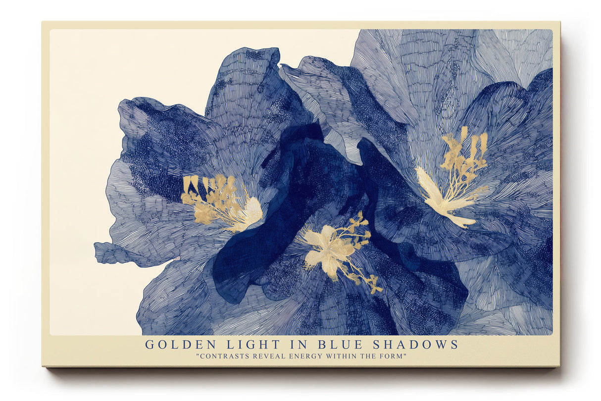 Paul Sinus Wandbild Golden Light in Blue Shadows florales Motiv mit blauen Blüten und goldenen Akzenten