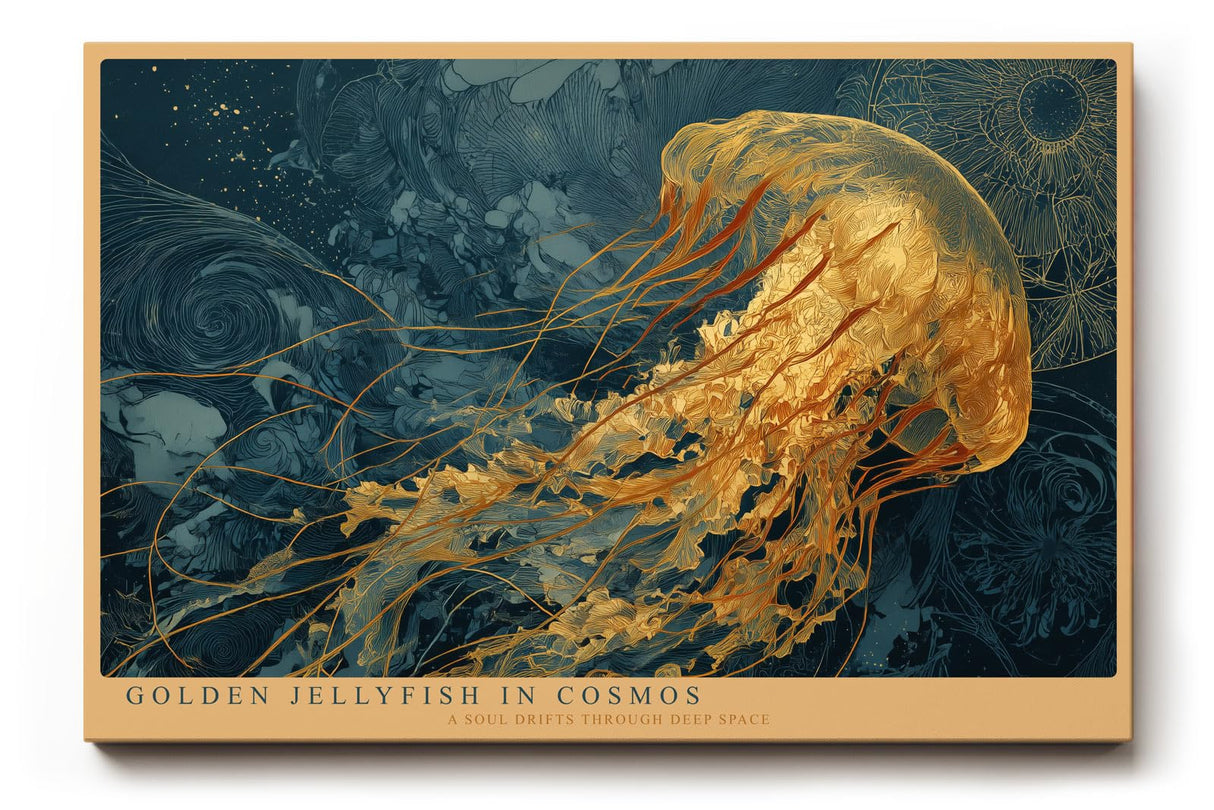 Paul Sinus Wandbild 120x80cm Goldene Qualle im Kosmos Abstrakte Meereskunst in Blau Gold Moderne Wanddekoration