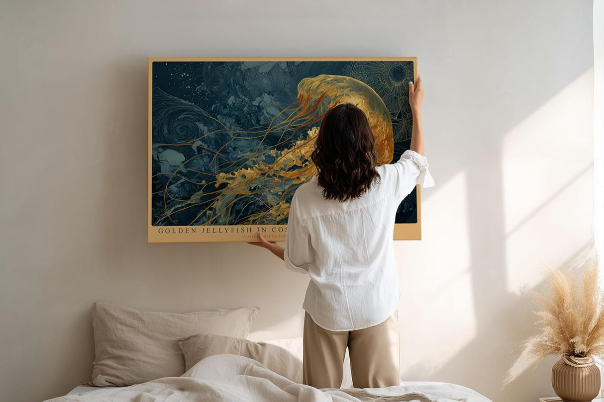 Paul Sinus Wandbild 120x80cm Goldene Qualle im Kosmos Abstrakte Meereskunst in Blau Gold Moderne Wanddekoration