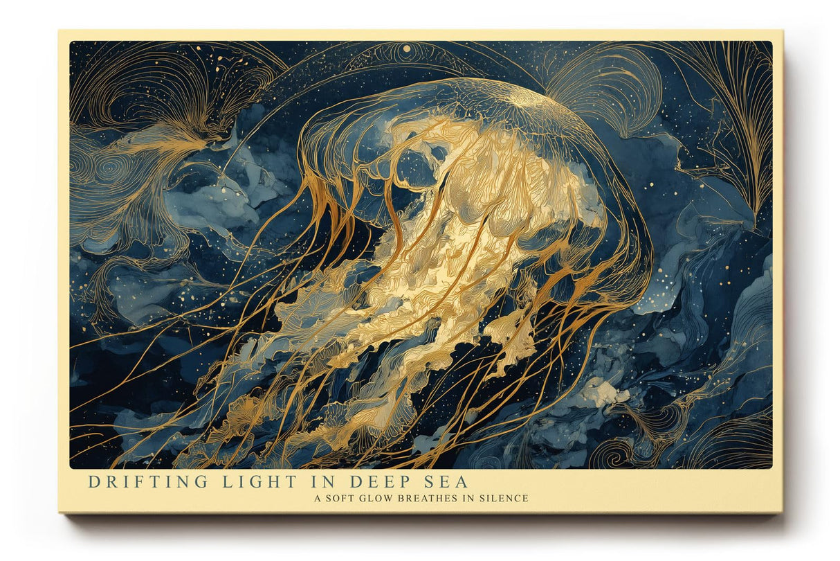 Paul Sinus Wandbild 120x80cm Goldene Qualle im Ozean Moderne Meereskunst in Blau und Gold für Wohnzimmer Schlafzimmer Büro