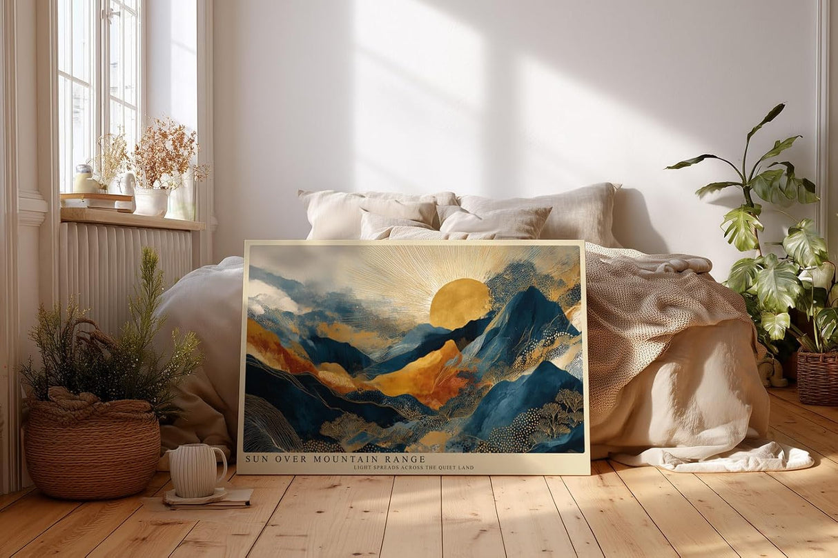 Paul Sinus Wandbild 120x80cm Goldene Sonne ueber Bergen Abstrakte Landschaft in Blau Gold Moderne Wanddekoration