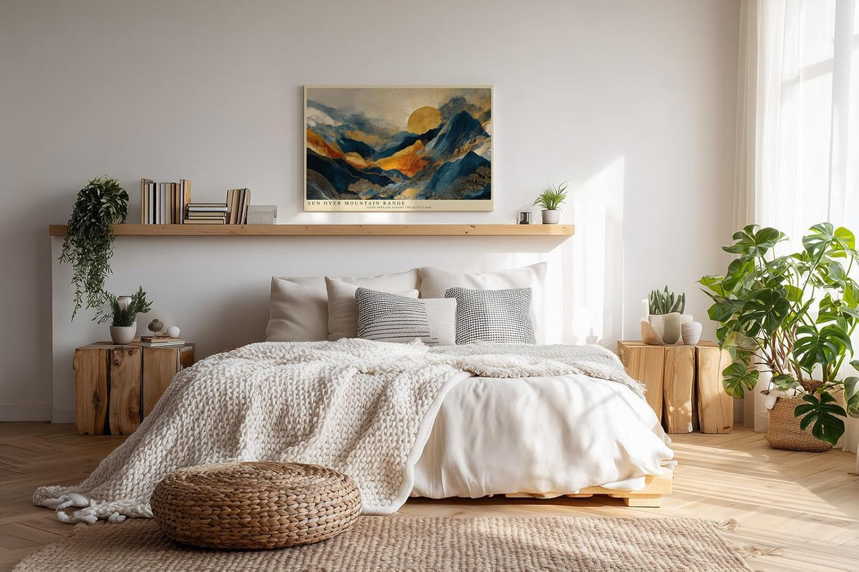 Paul Sinus Wandbild 120x80cm Goldene Sonne ueber Bergen Abstrakte Landschaft in Blau Gold Moderne Wanddekoration
