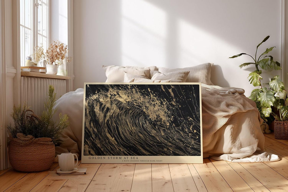 Paul Sinus Wandbild 120x80cm Goldene Sturmwelle – Dynamische abstrakte Ozeankunst mit dramatischen Goldstrukturen