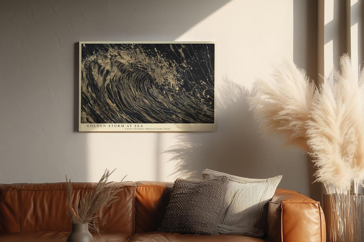 Paul Sinus Wandbild 120x80cm Goldene Sturmwelle – Dynamische abstrakte Ozeankunst mit dramatischen Goldstrukturen