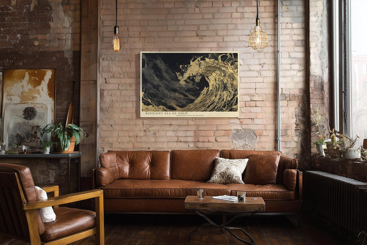 Paul Sinus Wandbild 120x80cm Goldene Welle bei Nacht – Dramatische Ozeankunst mit dunklem Hintergrund und Goldstruktur