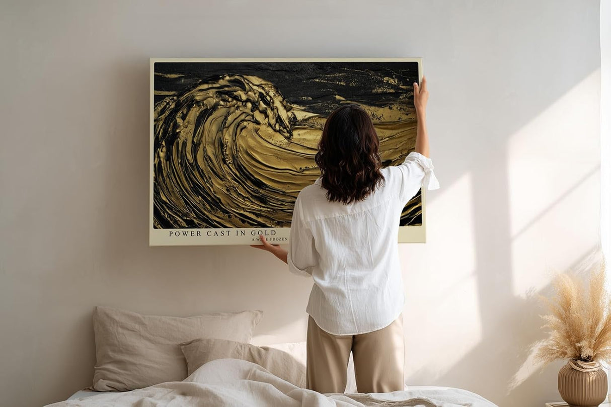 Paul Sinus Wandbild 120x80cm Goldene Welle in Bewegung – Abstrakte Meereskunst mit luxuriösem Gold Effekt für moderne Räume