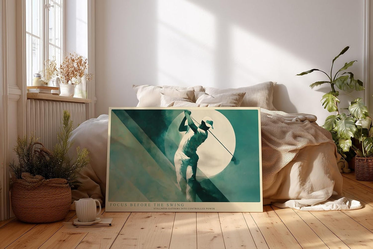 Paul Sinus Wandbild 120x80cm Golf Schwung Fokus Moderne Sportkunst in Gruen und Beige Stilvolle Illustration fuer Wohnzimmer Büro oder Sportbereich