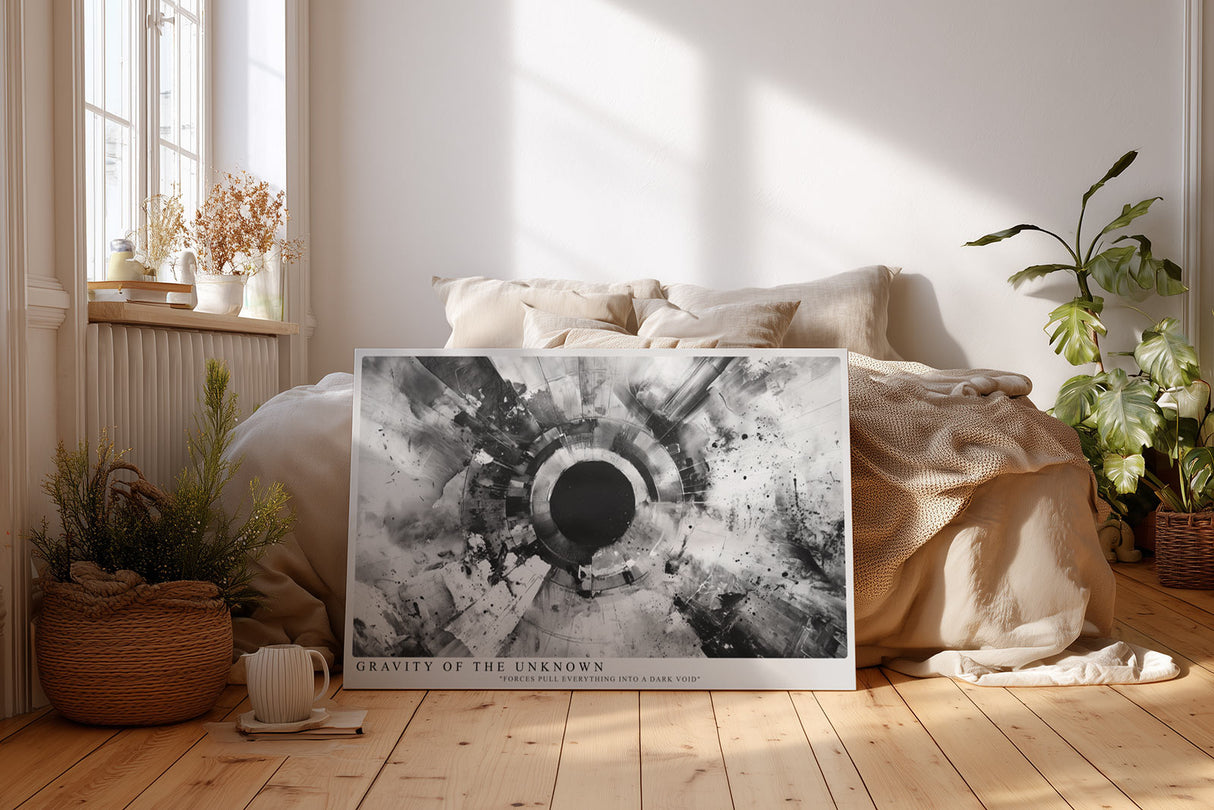 Paul Sinus Wandbild Gravity of the Unknown abstraktes Schwarz-Weiß-Motiv mit kosmischer Energie und Tiefenwirkung