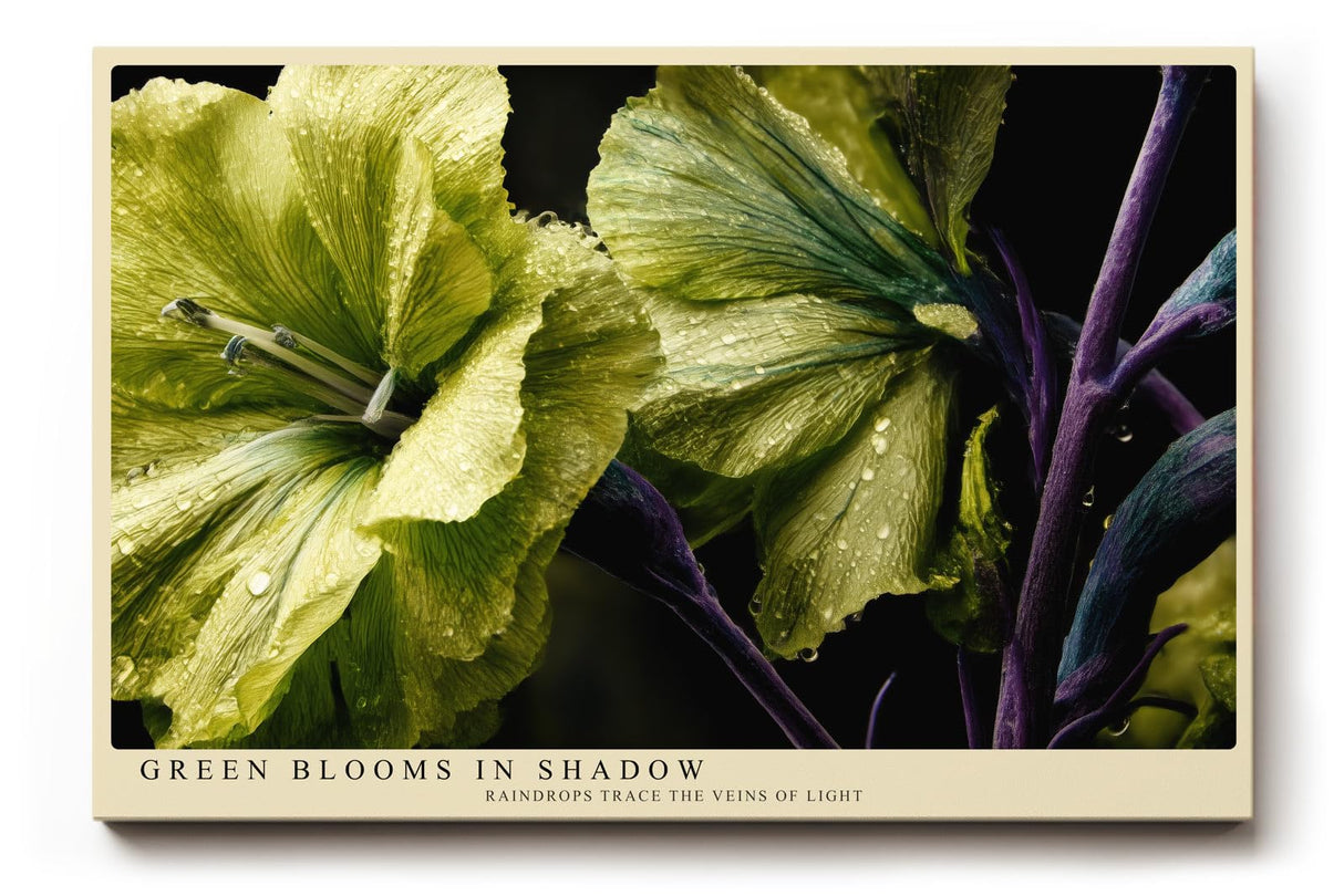 Paul Sinus Wandbild 120x80cm Green Blooms in Shadow grüne Blumen Makro Fotokunst mit Wassertropfen elegante Natur Poster für Wohnzimmer Schlafzimmer