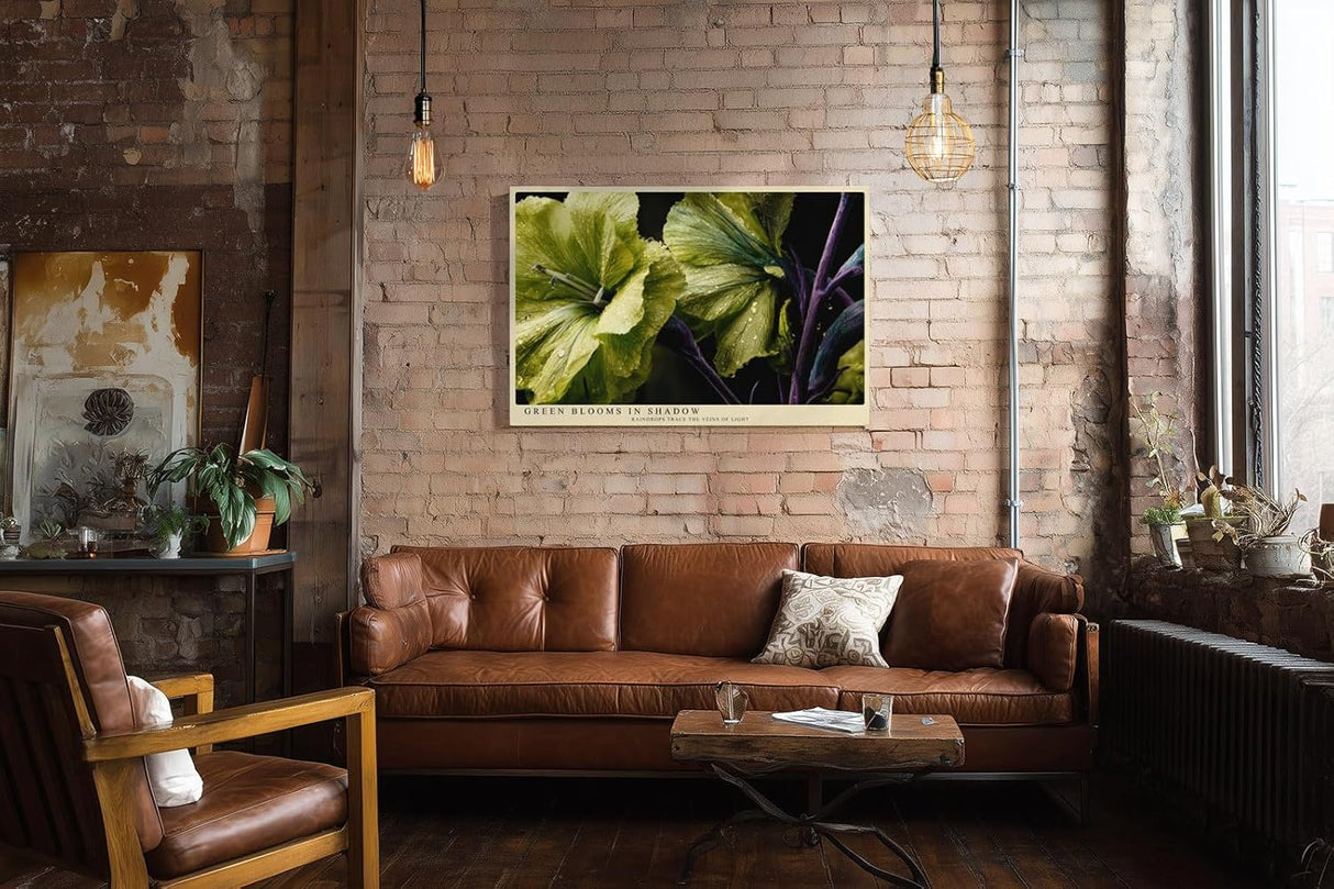 Paul Sinus Wandbild 120x80cm Green Blooms in Shadow grüne Blumen Makro Fotokunst mit Wassertropfen elegante Natur Poster für Wohnzimmer Schlafzimmer