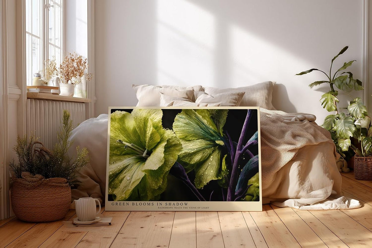 Paul Sinus Wandbild 120x80cm Green Blooms in Shadow grüne Blumen Makro Fotokunst mit Wassertropfen elegante Natur Poster für Wohnzimmer Schlafzimmer