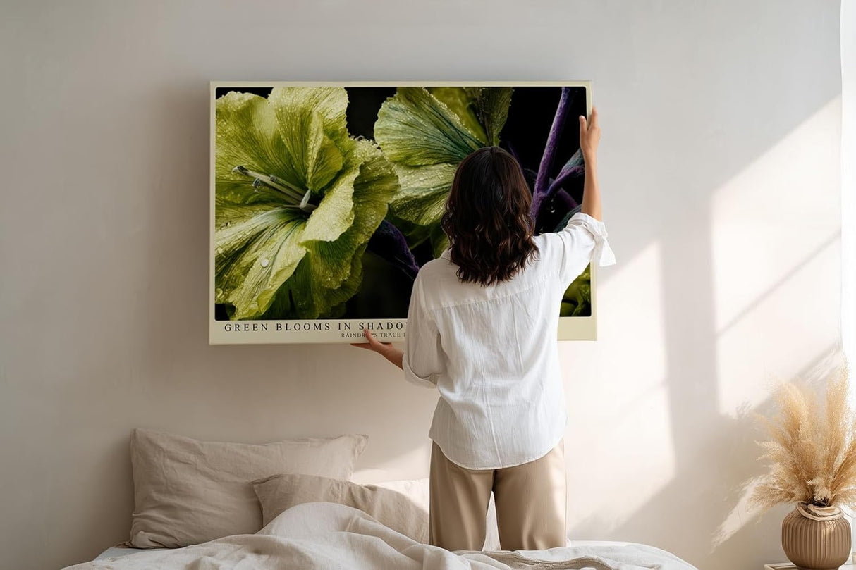 Paul Sinus Wandbild 120x80cm Green Blooms in Shadow grüne Blumen Makro Fotokunst mit Wassertropfen elegante Natur Poster für Wohnzimmer Schlafzimmer