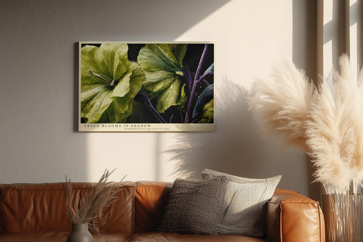 Paul Sinus Wandbild 120x80cm Green Blooms in Shadow grüne Blumen Makro Fotokunst mit Wassertropfen elegante Natur Poster für Wohnzimmer Schlafzimmer