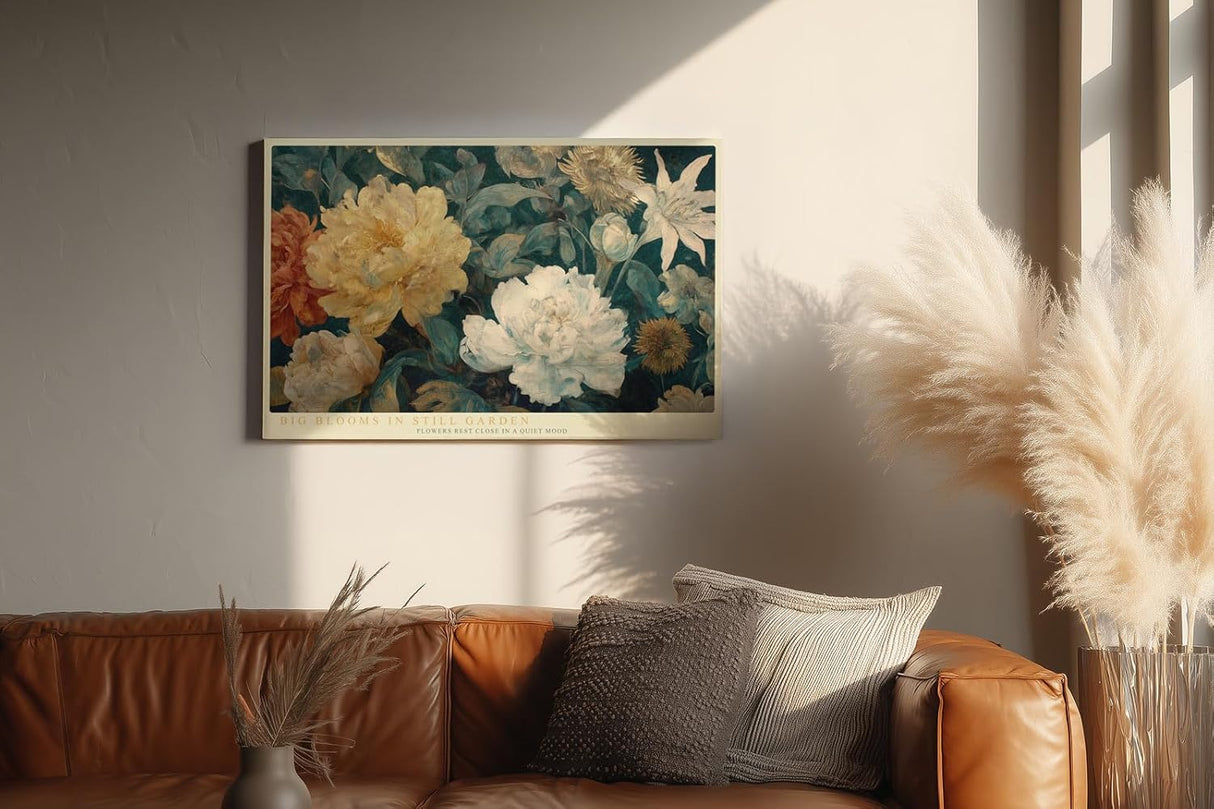 Paul Sinus Wandbild 120x80cm Grosse Blueten im Stillen Garten Botanische Blumen Kunst in Creme Gruen Wanddekoration