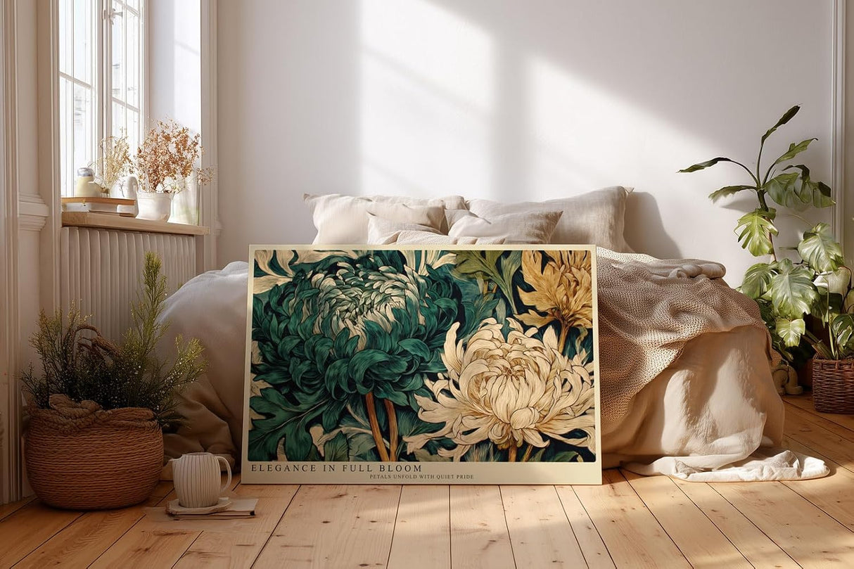 Paul Sinus Wandbild 120x80cm Grosse Chrysanthemen Blueten Botanische Kunst in Gruen und Creme Natur Wanddekoration