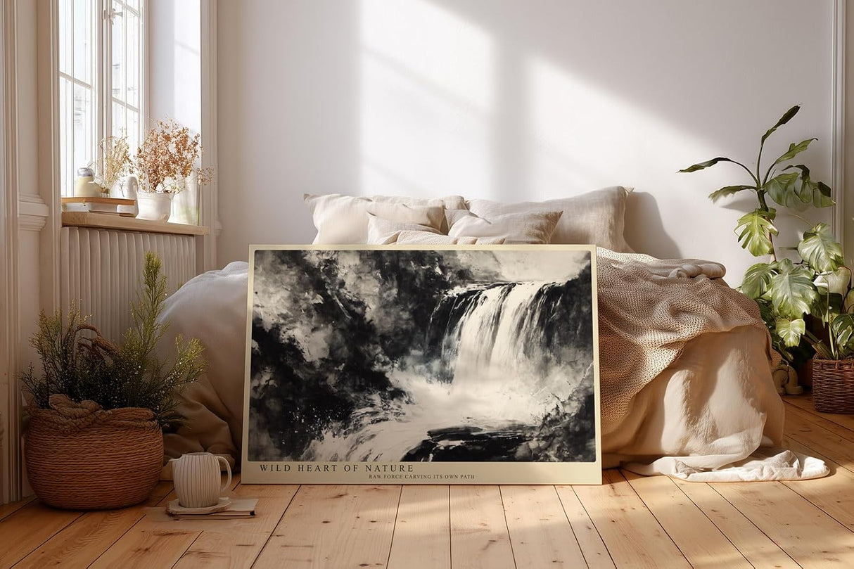 Paul Sinus Wandbild 120x80cm grosser Wasserfall abstrakte Naturmalerei schwarz weiss dramatische Landschaftskunst modernes Kunstbild Wanddekoration fuer Wohnzimmer Büro