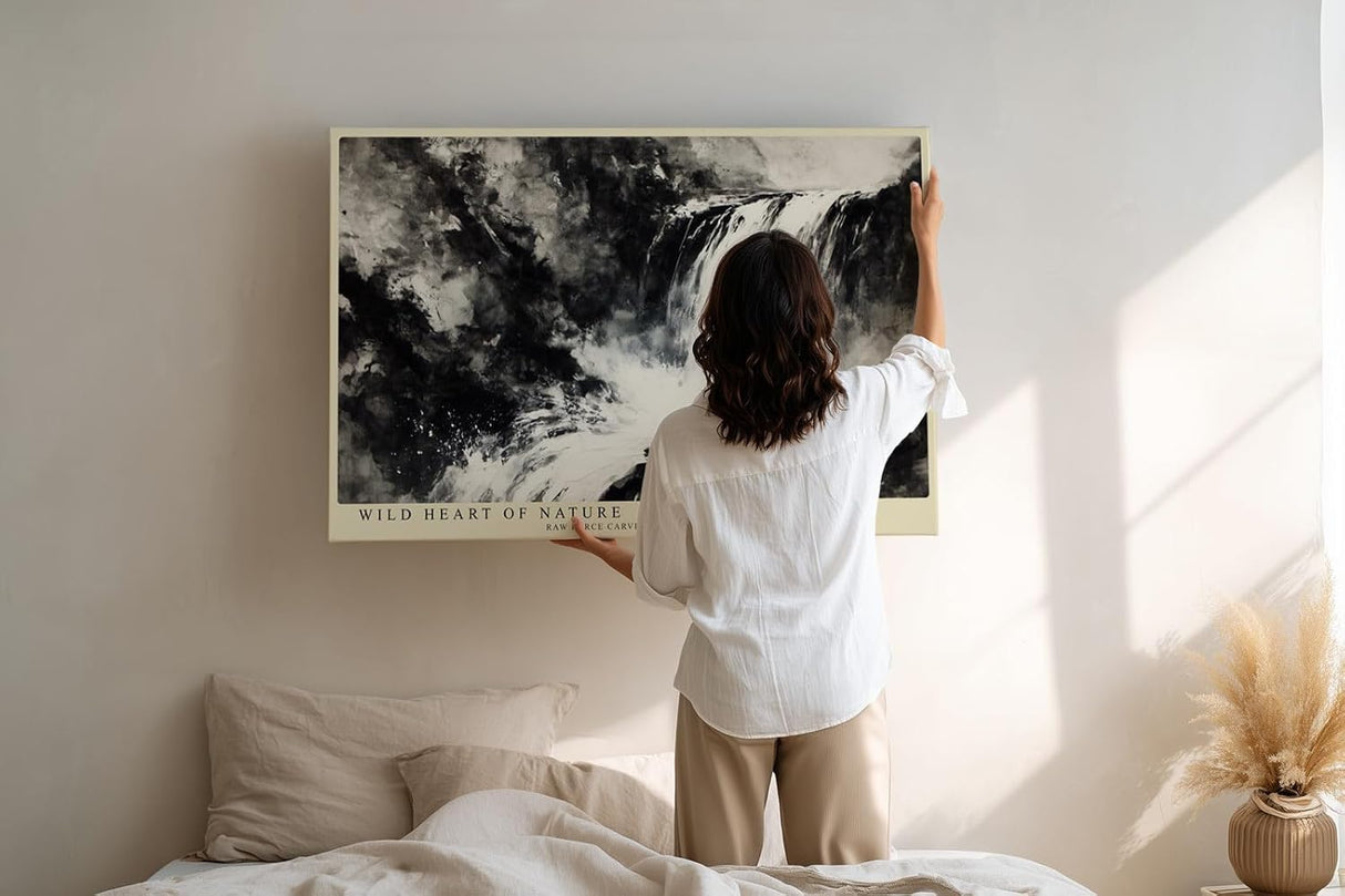 Paul Sinus Wandbild 120x80cm grosser Wasserfall abstrakte Naturmalerei schwarz weiss dramatische Landschaftskunst modernes Kunstbild Wanddekoration fuer Wohnzimmer Büro