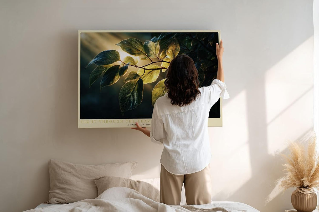 Paul Sinus Wandbild 120x80cm gruene Blaetter im Sonnenlicht botanische Natur Fotokunst warmes Licht Pflanzenmotiv moderne Wanddekoration fuer Wohnzimmer Büro