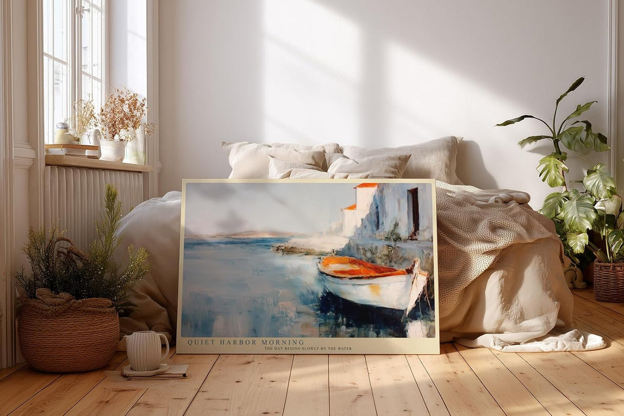 Paul Sinus Wandbild 120x80cm Hafen Landschaft modern Boot Meer Malerei Kunstdruck grosses Kunstbild maritime Wanddekoration fuer Wohnzimmer Büro Flur