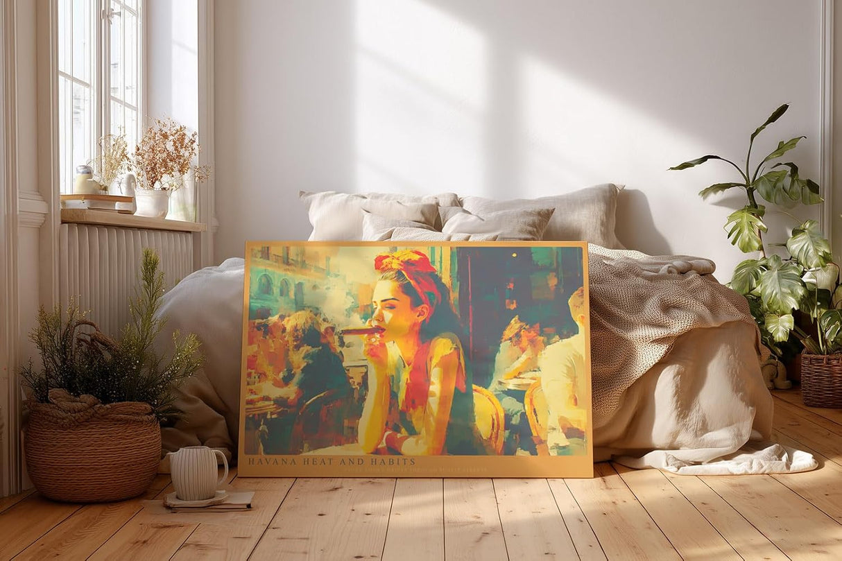 Paul Sinus Wandbild 120x80cm Havana Heat and Habits Frau mit Zigarre in Havanna Cafe Szene Kubanische Stadt Kunst fuer Wohnzimmer und Bar