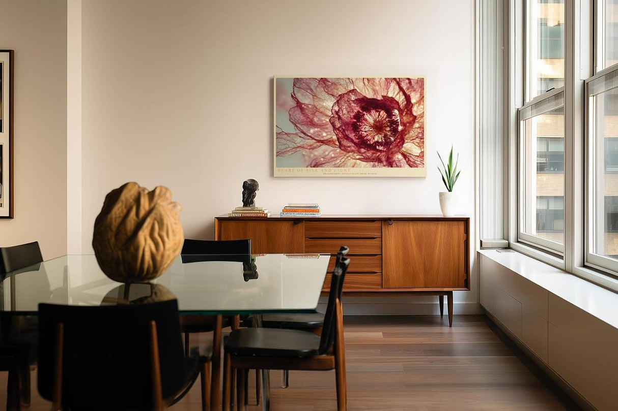 Paul Sinus Wandbild 120x80cm Heart of Silk and Light abstrakte Blüte Makro Natur Fotokunst in Rot und Gold Poster für Wohnzimmer Schlafzimmer