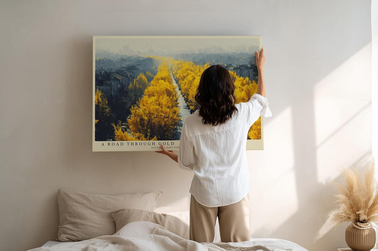 Paul Sinus Wandbild 120x80cm Herbstallee goldene Baeume Stadtlandschaft warme Herbstfarben modernes Landschaftsbild stilvolle Wanddekoration fuer Wohnzimmer Büro