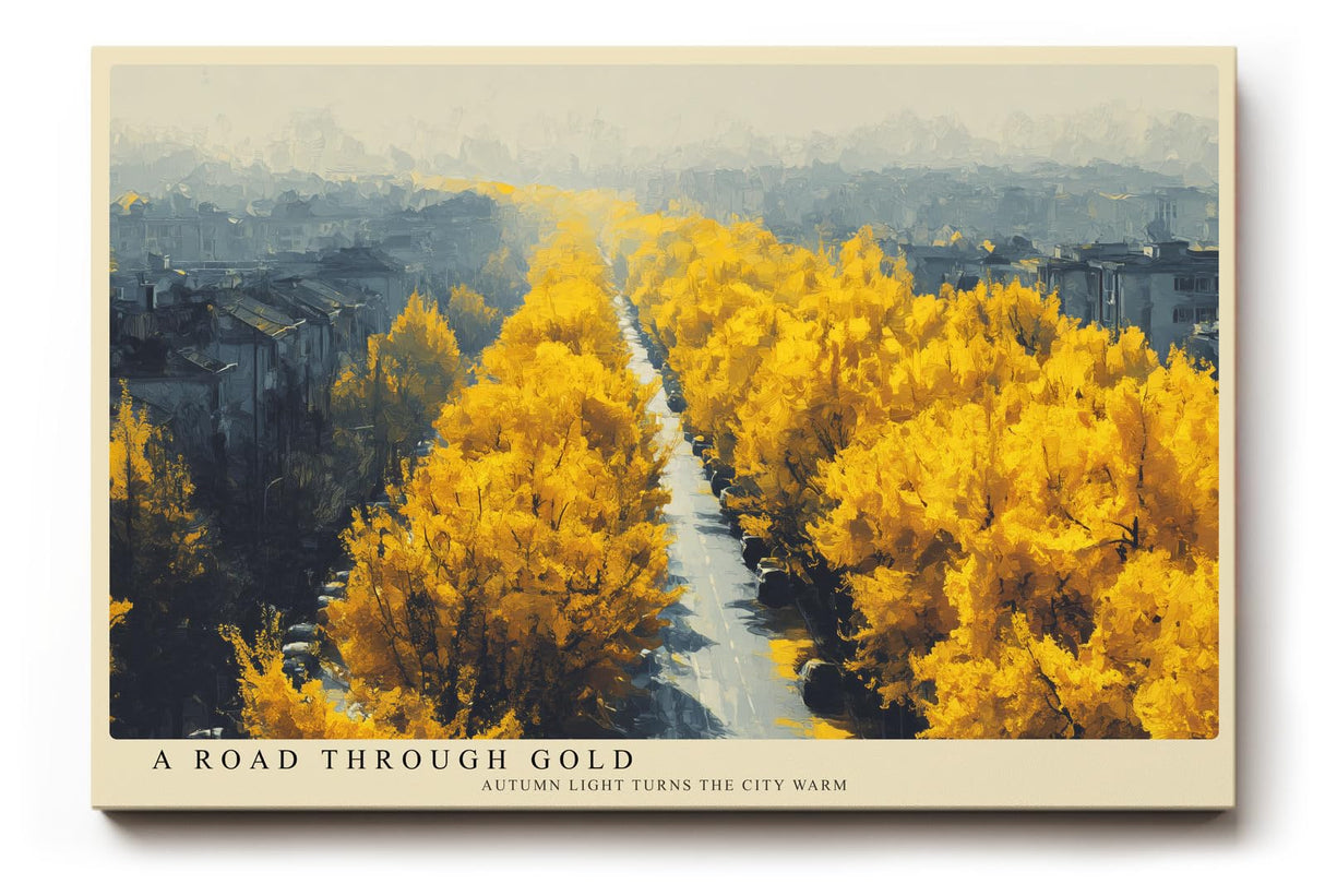 Paul Sinus Wandbild 120x80cm Herbstallee goldene Baeume Stadtlandschaft warme Herbstfarben modernes Landschaftsbild stilvolle Wanddekoration fuer Wohnzimmer Büro