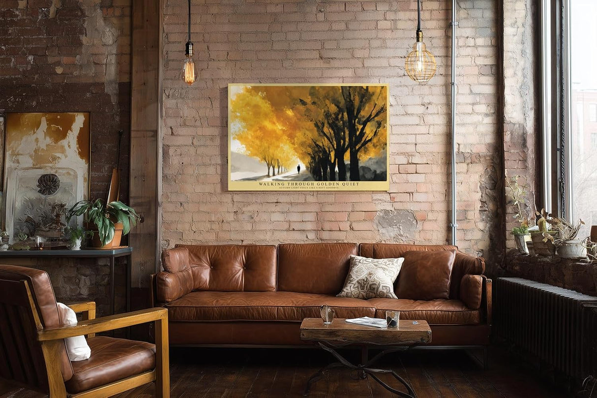 Paul Sinus Wandbild 120x80cm Herbstallee goldene Bäume Landschaft Kunst warmes Gelb Natur Gemälde moderne Wanddekoration für Wohnzimmer Flur