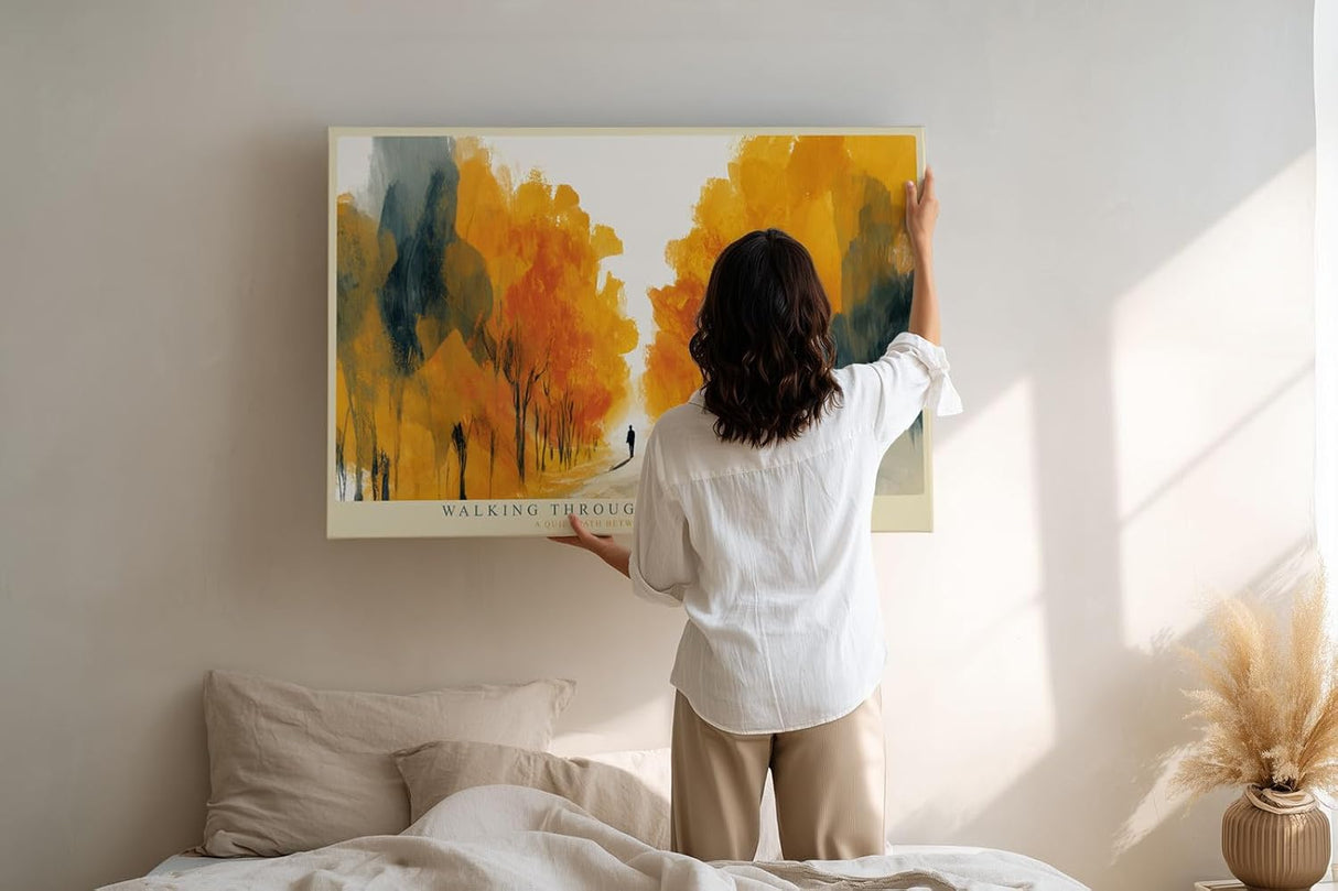 Paul Sinus Wandbild 120x80cm Herbstwald Illustration modern gold orange Landschaft Kunst Kunstdruck grosses Natur Kunstbild warme Wanddekoration fuer Wohnzimmer Büro