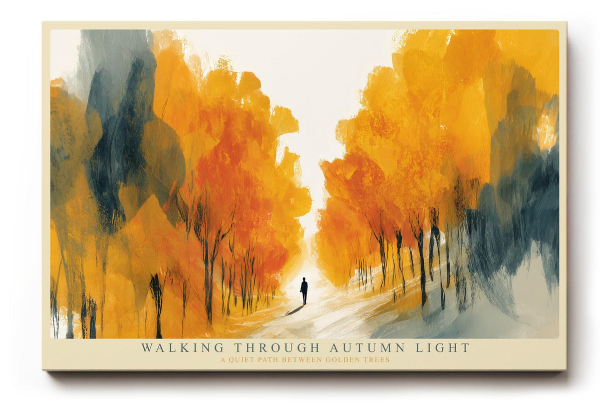 Paul Sinus Wandbild 120x80cm Herbstwald Illustration modern gold orange Landschaft Kunst Kunstdruck grosses Natur Kunstbild warme Wanddekoration fuer Wohnzimmer Büro