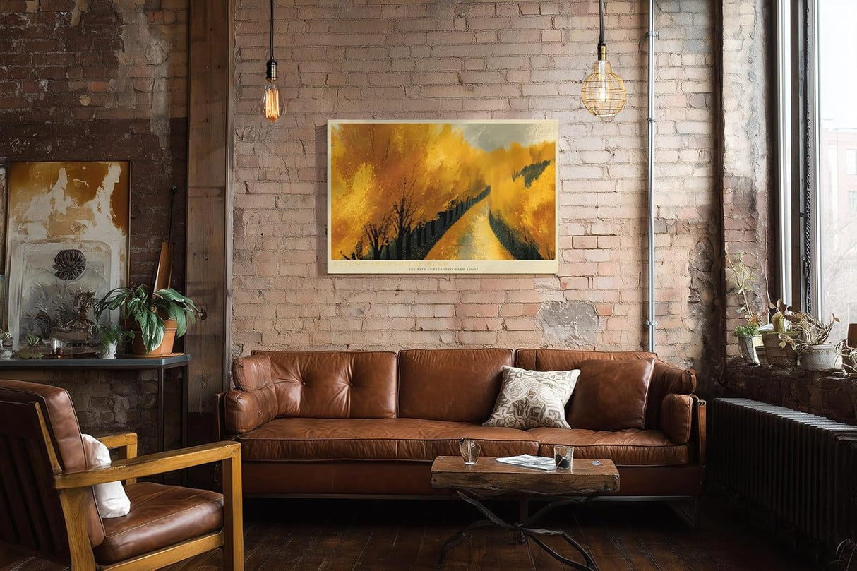 Paul Sinus Wandbild 120x80cm Herbstweg Landschaft Malerei goldene Baeume warme Naturfarben moderne Wanddekoration fuer Wohnzimmer Büro