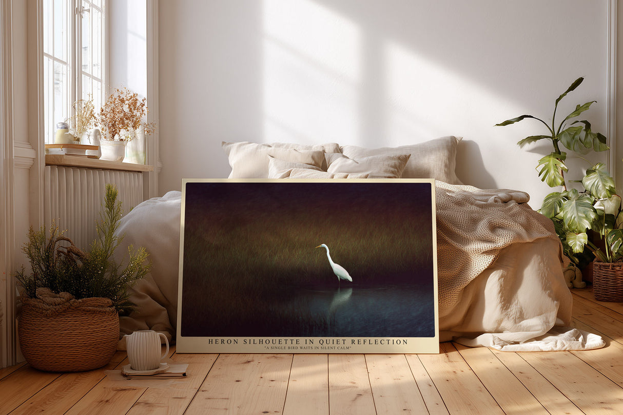 Paul Sinus Wandbild Heron Silhouette in Quiet Reflection A Single Bird Waits in Silent Calm