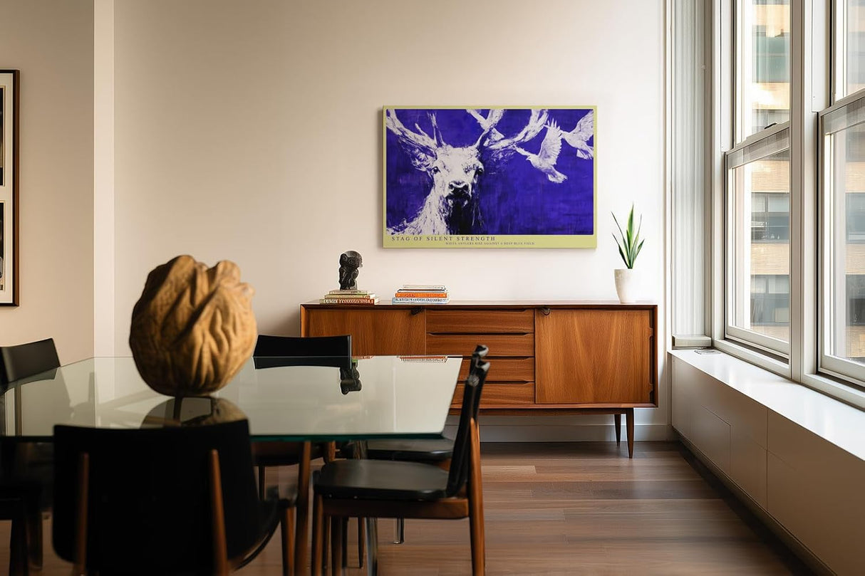 Paul Sinus Wandbild 120x80cm Hirsch Blau Weiss Tier Kunst Moderne Illustration Kraftvolles Naturmotiv mit Hirsch und fliegenden Voegeln