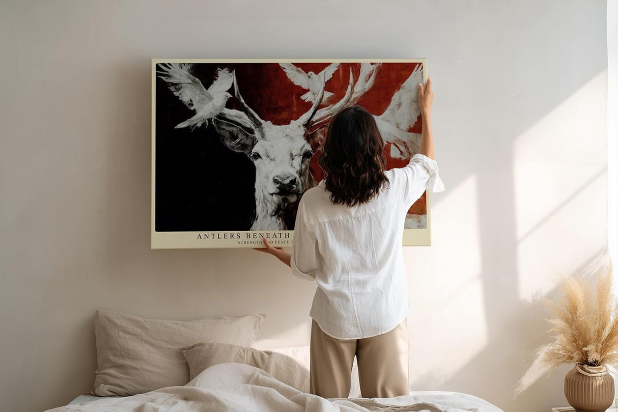 Paul Sinus Wandbild 120x80cm Hirsch Tauben abstrakte Tierkunst moderne Natur Illustration Wanddekoration Wohnzimmer Büro