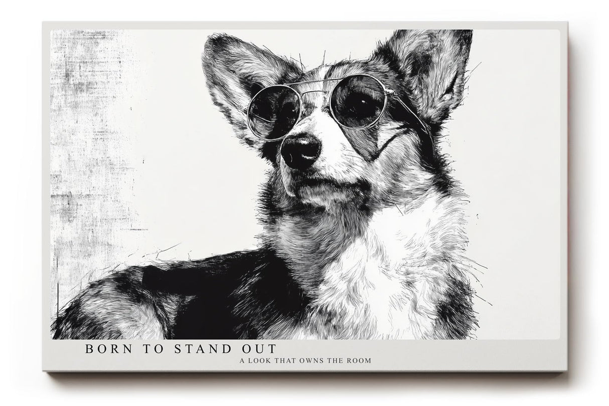 Paul Sinus Wandbild 120x80cm Hund mit Sonnenbrille moderne Tier Illustration schwarz weiss stilvolle Wanddekoration fuer Wohnzimmer Büro