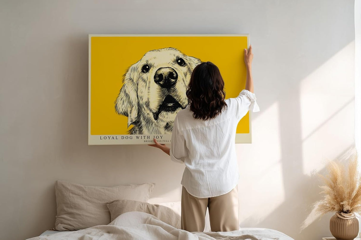 Paul Sinus Wandbild 120x80cm Hund Portrait moderne Tierillustration gelber Hintergrund Kunstdruck stilvolle Wanddekoration fuer Wohnzimmer Flur Büro Tierliebhaber